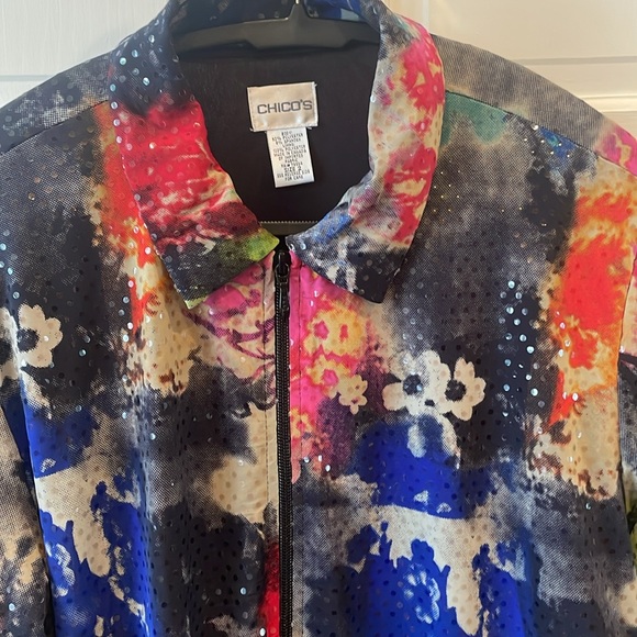 Chico’s Size 2 (12/14) Festive Multicolor with Bling Long Sleeve Jacket. - Picture 2 of 6